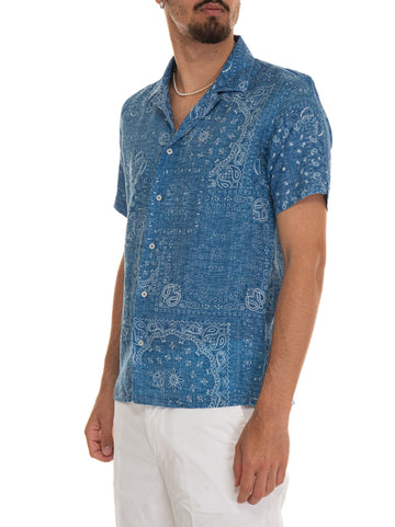 Vincenzo De Lauziers Men's Denim Short Sleeve Linen Shirt
