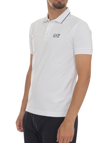 EA7 Men's White Pique Cotton Polo