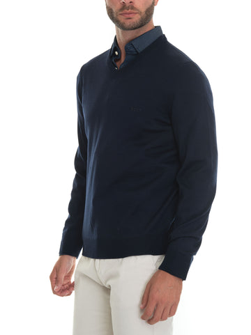 Maglia collo a V Blu BOSS Uomo