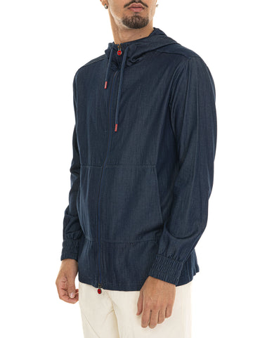 Kiton Men's Dark Denim Zip Up Hoodie