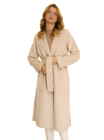 Wool coat DOUBLE WOOL BELTED COAT Cream Woolrich Woman