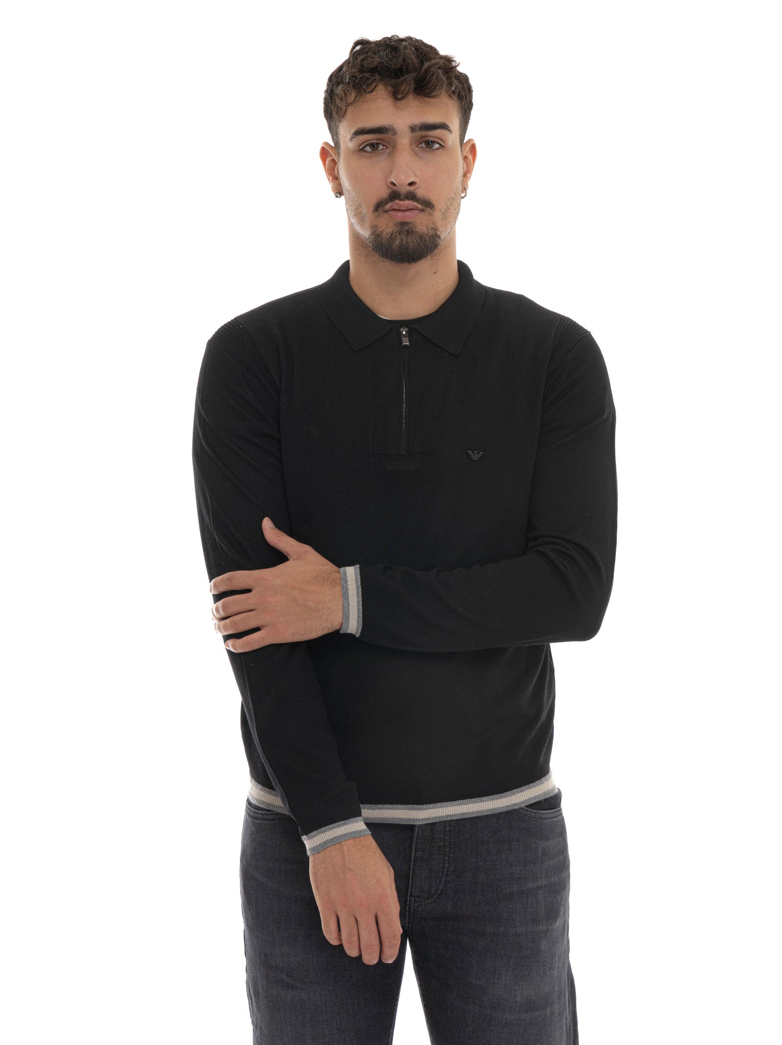 Emporio Armani Men's Black Long Sleeve Polo Shirt - Scaglione Ischia