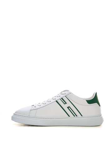 H365 White-Green Hogan Men's Leather Sneakers with Laces