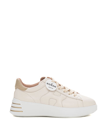 Hogan Women's Rebel Beige-Gold Lace-Up Leather Sneakers