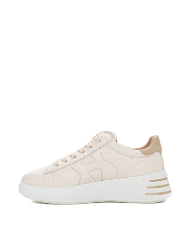 Hogan Women's Rebel Beige-Gold Lace-Up Leather Sneakers