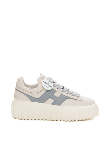 Hogan Women's Beige-light blue Hstripes lace-up leather sneakers