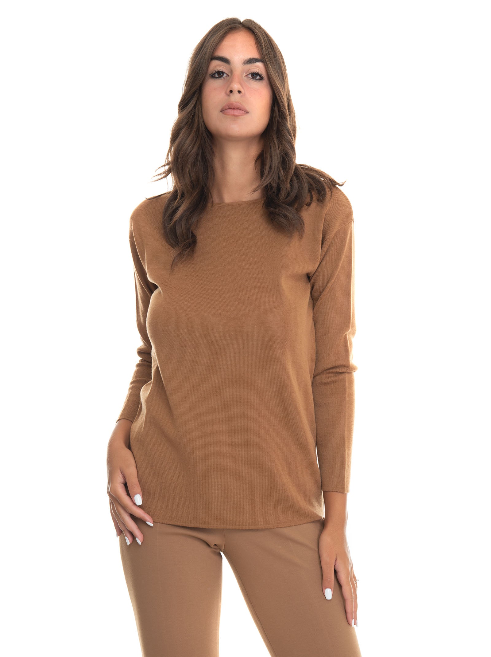 Max Mara Studio Women's Caramel Black wool sweater Scaglione Ischia