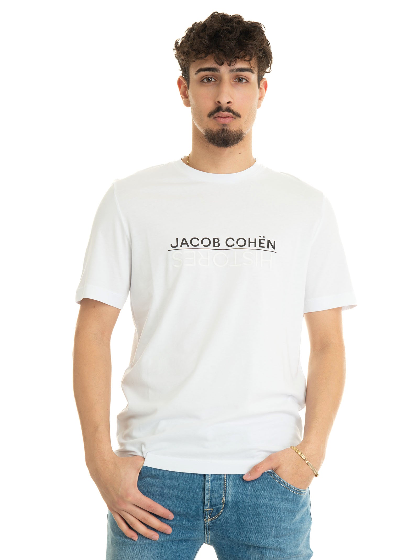 White Jacob Cohen x Histores Man half sleeve crew neck t-shirt Scaglione Ischia