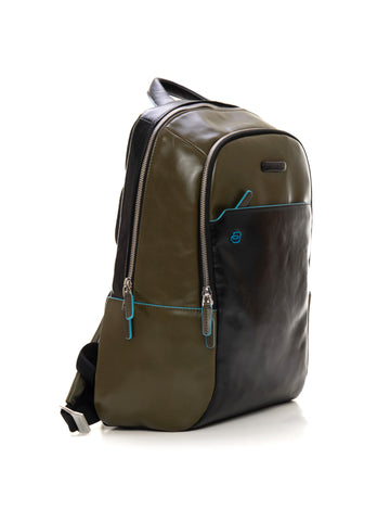 Military green-black leather backpack Piquadro Man