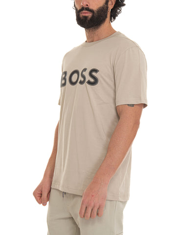 Beige BOSS men's half-sleeved crew-neck t-shirt